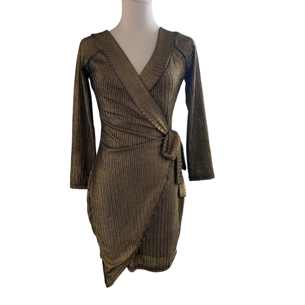 Luxxel Gold Black Metallic Wrap Dress Large Long Sleeve Cocktail Party Holiday